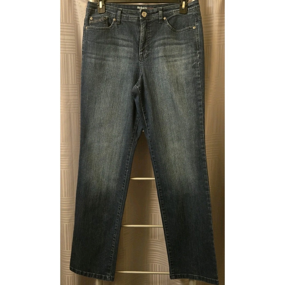 Style & Co Women's Tummy Control Size 12 Straight Leg‎ Blue Jeans Bling 32x33